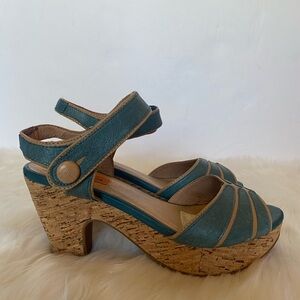 Miz Mooz Blue & Tan Corbin Cork Platform Ankle Strap Sandals Sz 7